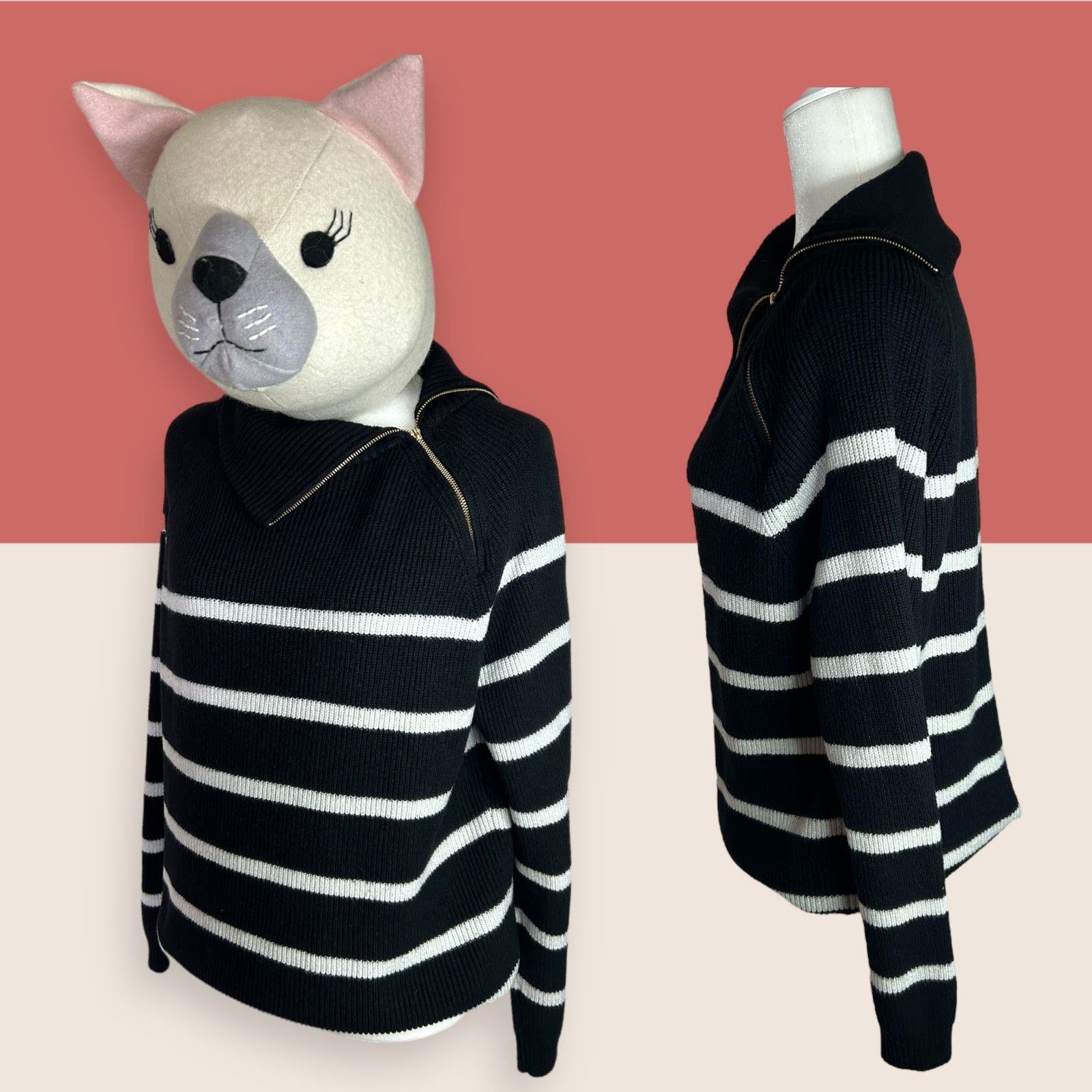 Striped Sweater Gold Zipper Cowl Neck Black White Large Marc New York